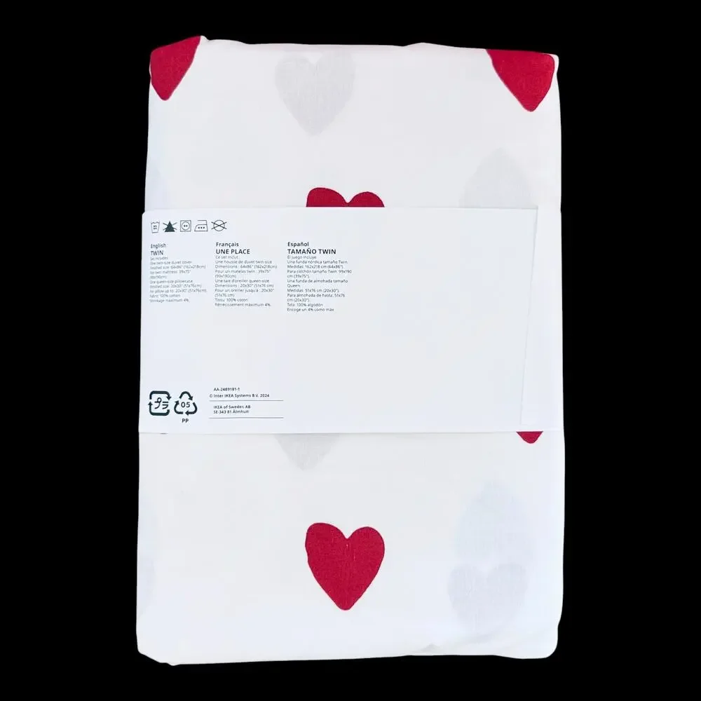 IKEA BARNDROM White with Red Heart Pattern Twin Duvet Cover & Pillow Case